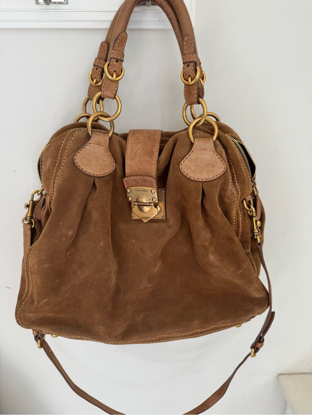 Miu Miu Brown Suede Shoulder Bag with Gold Hardware